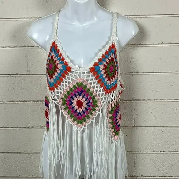 Rebellion Again Top Womens Multicolor Festival Crochet Tank Size S - Picture 8 of 8
